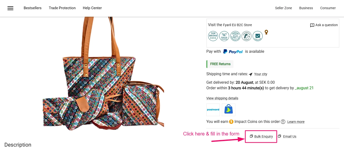 B2B Product Page showing Bulk Enquiry button