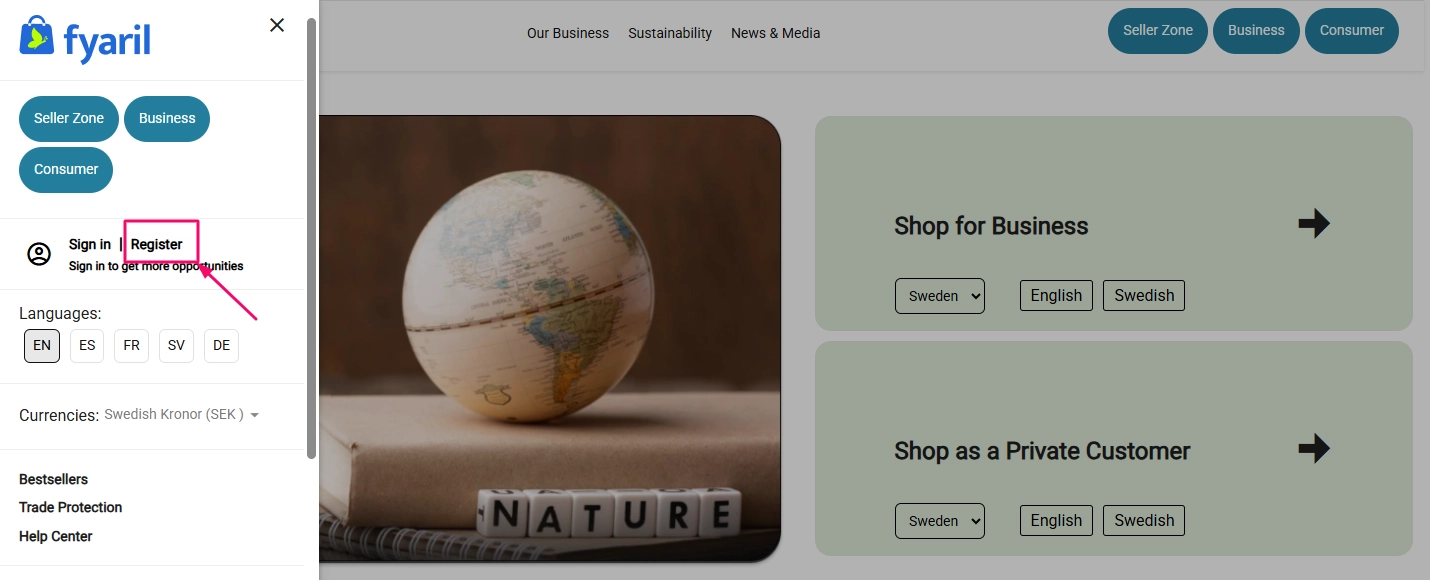 Hamburger menu with Register button